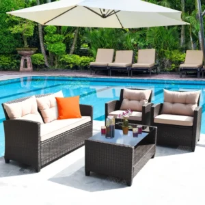 4-Piece Outdoor Rattan Sofa Set with Cushions