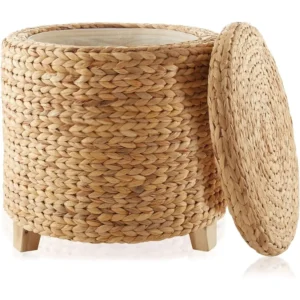 Handwoven Water Hyacinth Round Storage Ottoman