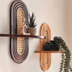 Arched Boho Wood Rattan Floating Wall Shelf